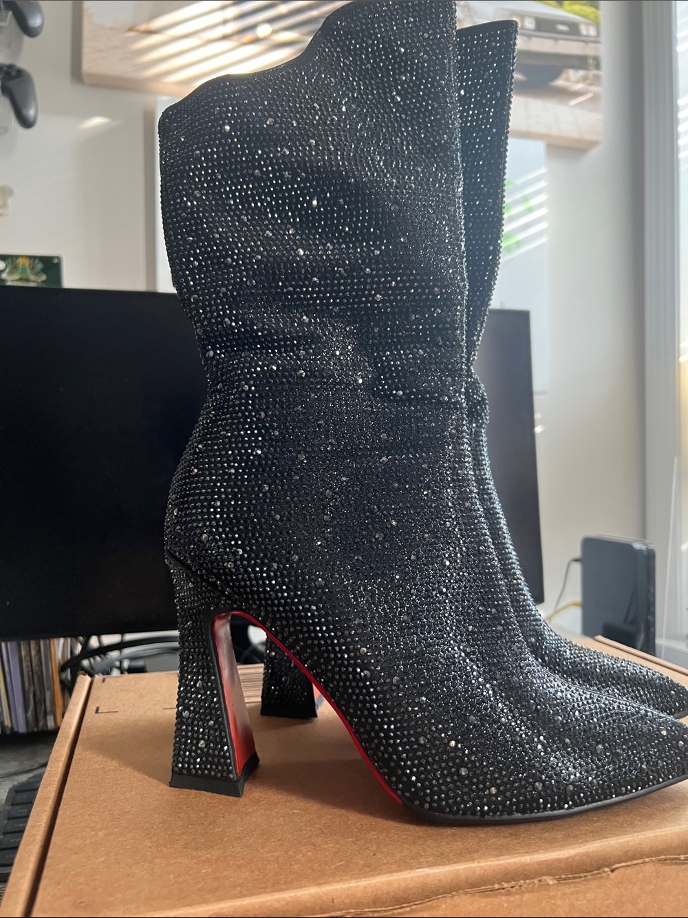 Black Crystal-Embellished High Heel Boots - Women's